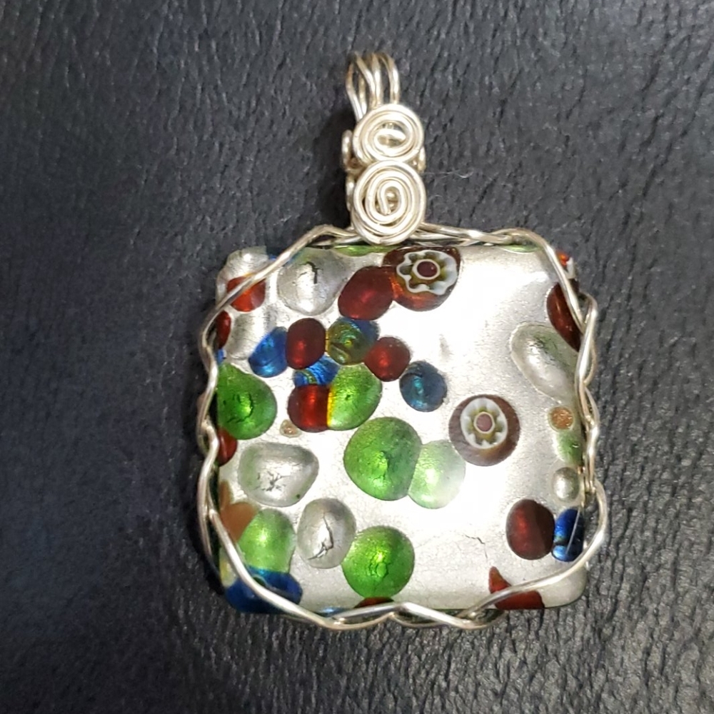 Colorful Wire Wrapped Glass Pendant- Cord Chain Included